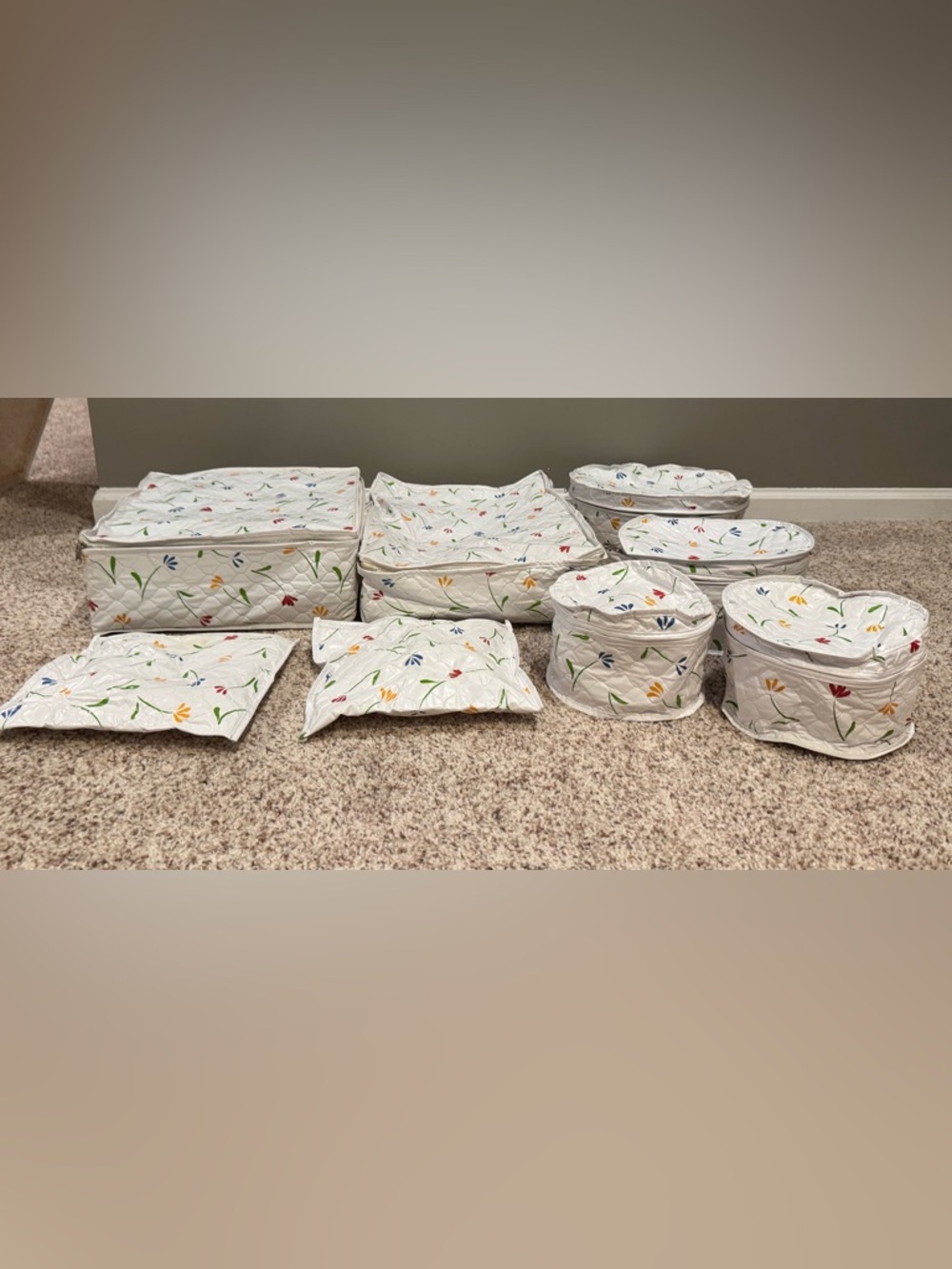 Quilted Floral Storage Set - White Multi-Color Floral Print